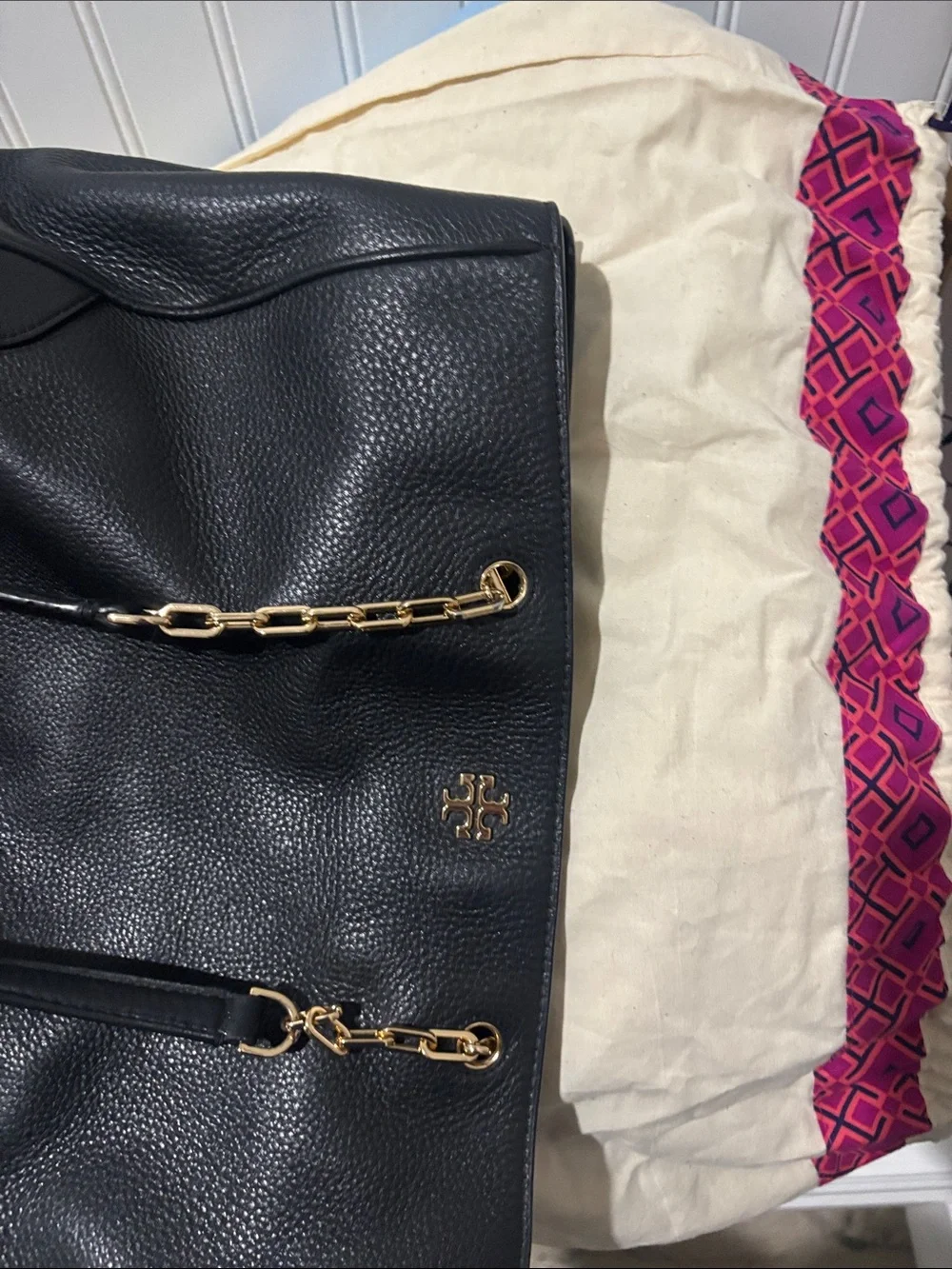 Tory Burch Black Leather Tote with Gold Chain Handles